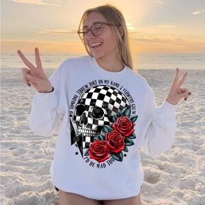 White Crewneck Sweatshirt with Checker Skull & Red Roses Threw Dirt On My Name